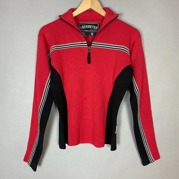 Vintage Obermyer Sweater 90s Red Striped Quarter Zip Women Size Medium Red Black - Picture 1 of 16
